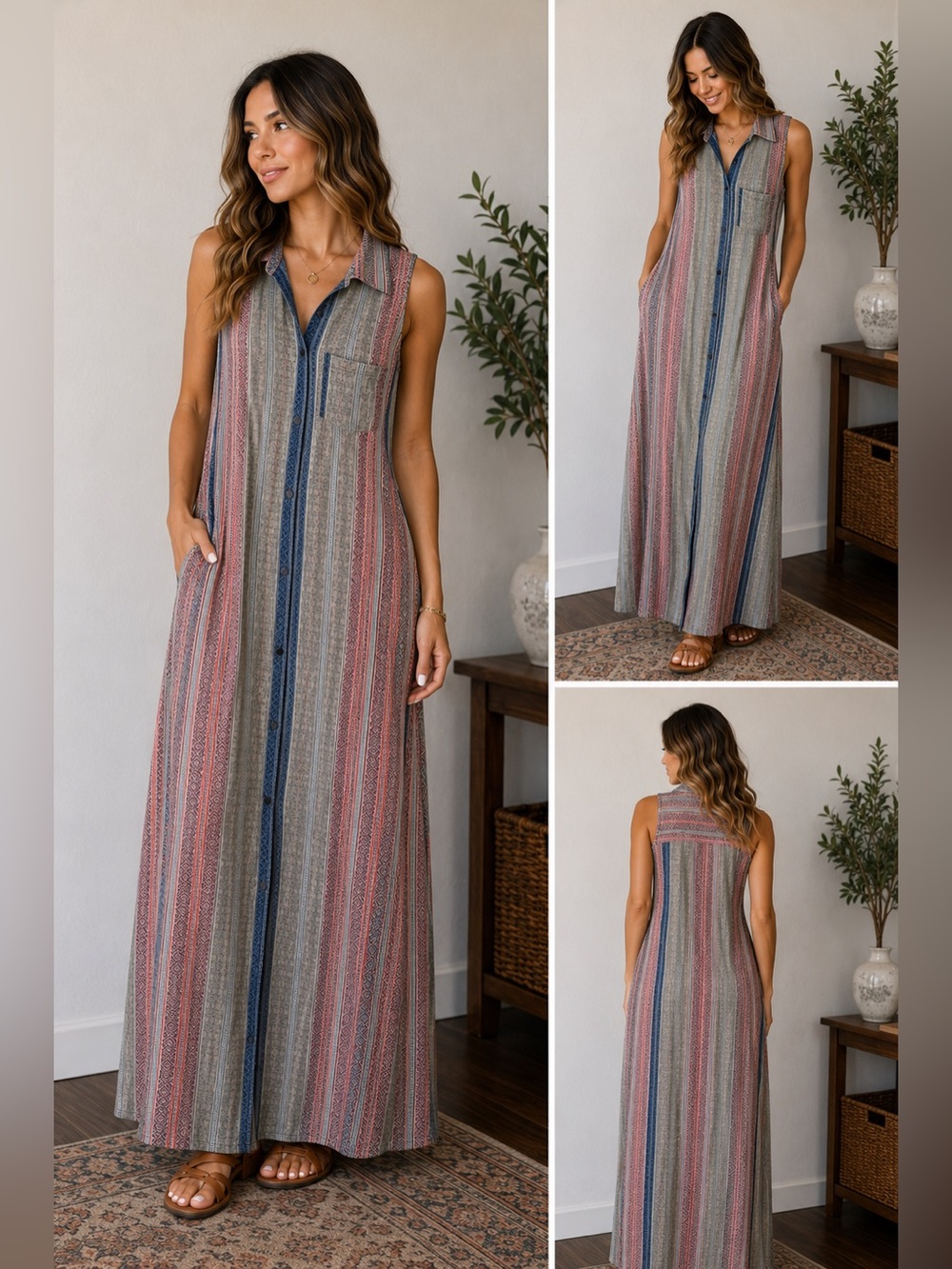 Sleeveless Collared Striped Blouse Dress - Multicolor